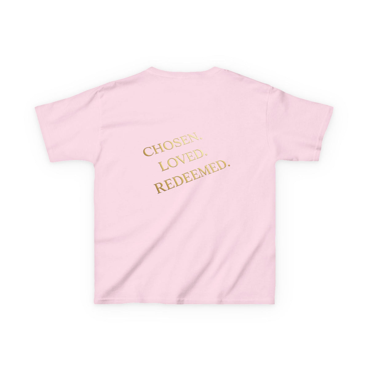 ✨ Chosen. Loved. Redeemed. – Elegant Christian Kids T-Shirt | Gold Foil Faith Tee | Subtle Cross & Heart Design | Inspirational Bible Verse Apparel by Uplifted Gear Printify