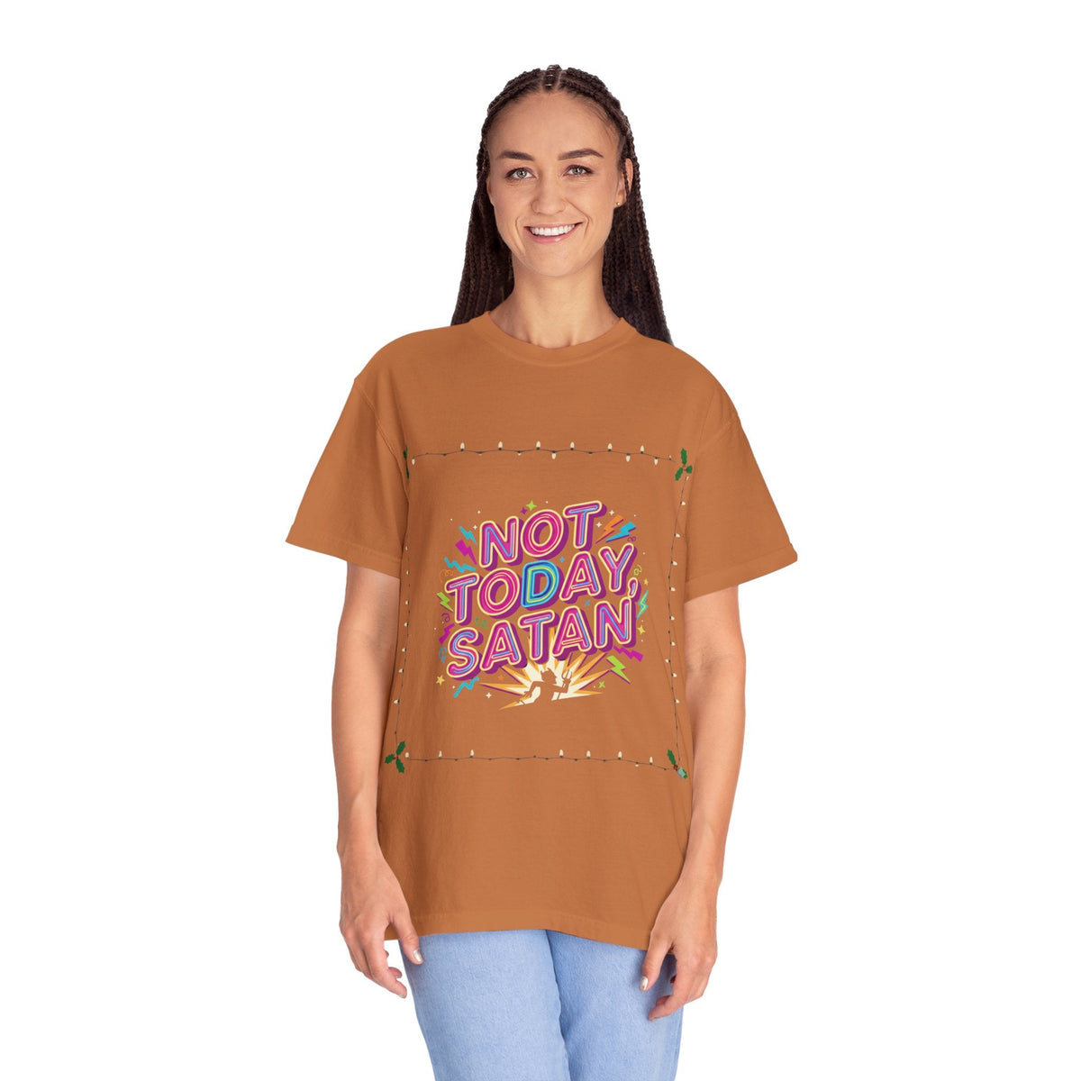 🔥 Not Today, Satan – Retro 90s Christian T-Shirt | Neon Faith Tee | Funky Cartoon Devil | Bold Bible Verse Shirt | Uplifted Gear Printify