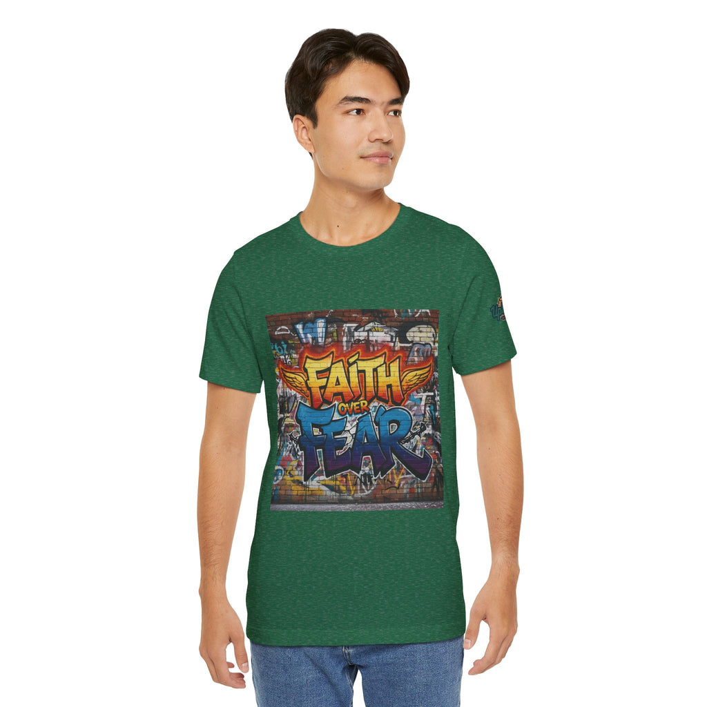 Faith Over Fear T-shirt – Graffiti Wall Christian T-shirt for Bold 2 Corinthians 5:7 Streetwear & Unshakable Faith Printify