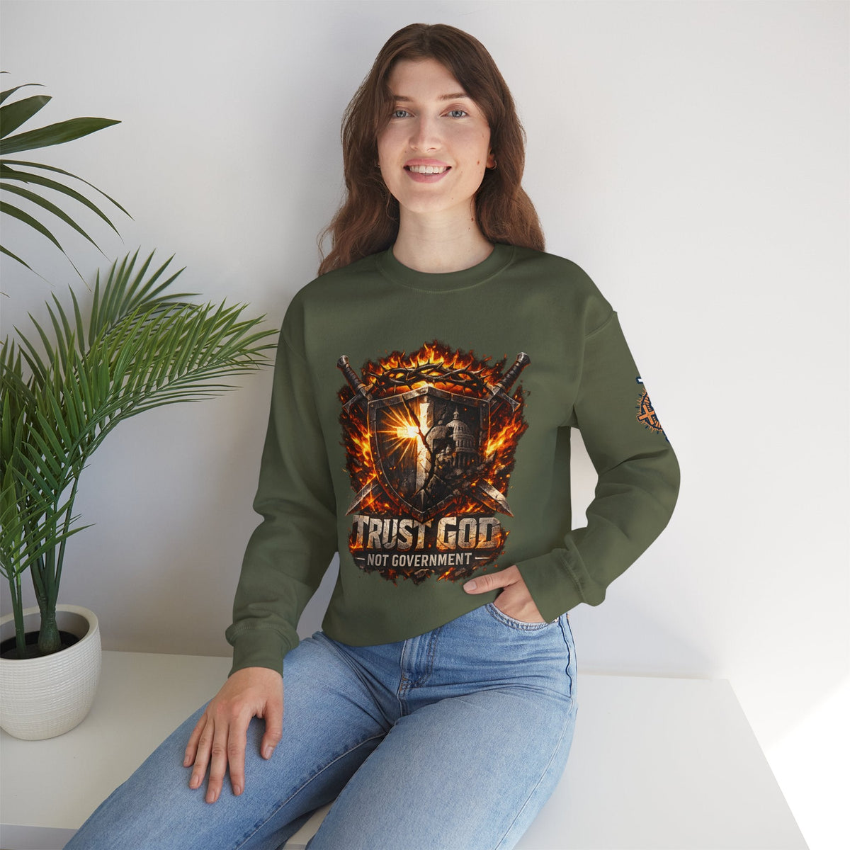 Trust God Not Government Shield Sweatshirt — Patriotic Christian Faith Sweatshirt Printify