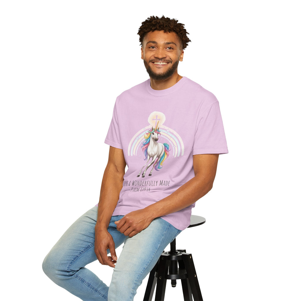 Unique Unicorn Christian T-Shirt – Wonderfully Made with Rainbow Cross & Psalm 139:14 Printify