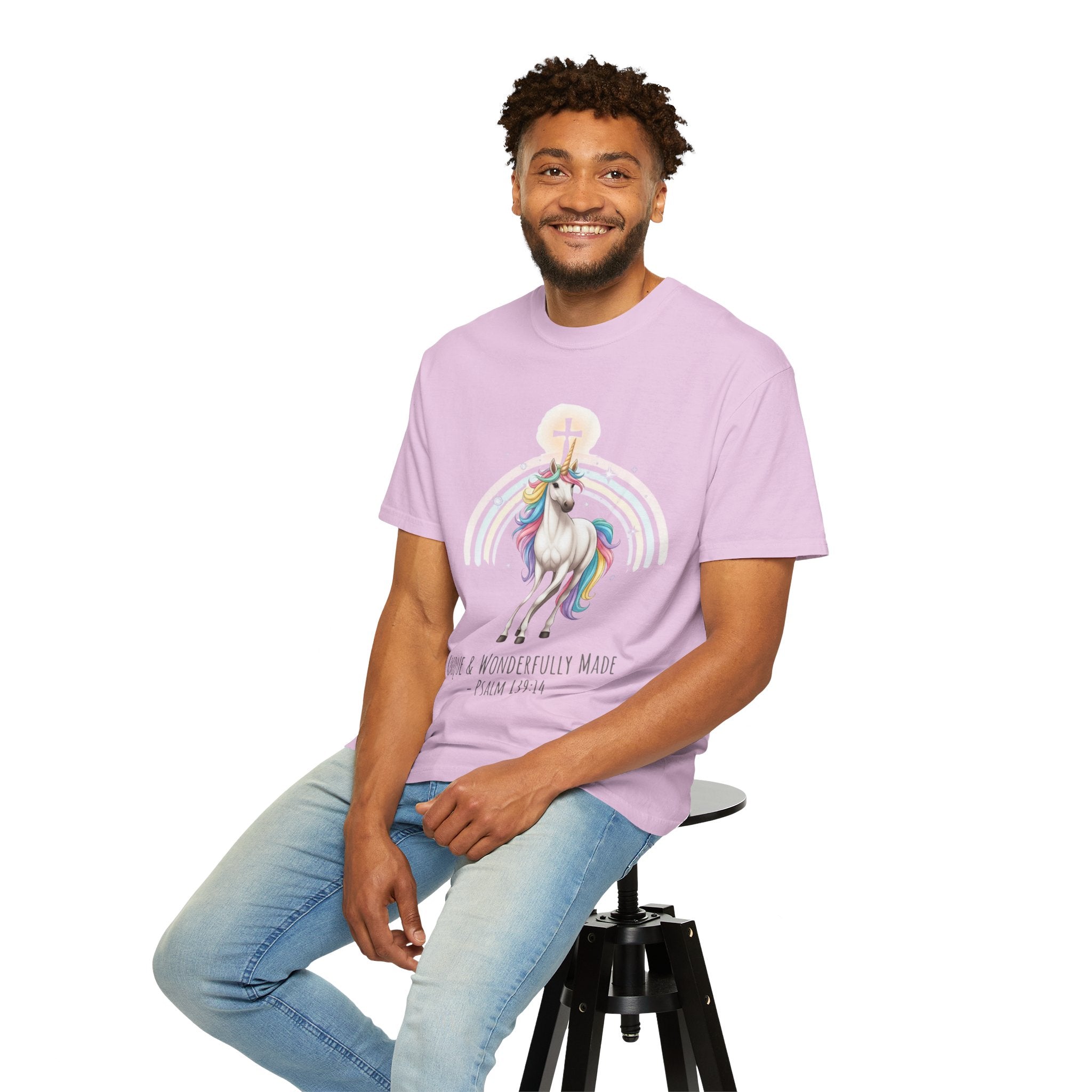 Unique Unicorn Christian T-Shirt – Wonderfully Made with Rainbow Cross & Psalm 139:14 Printify