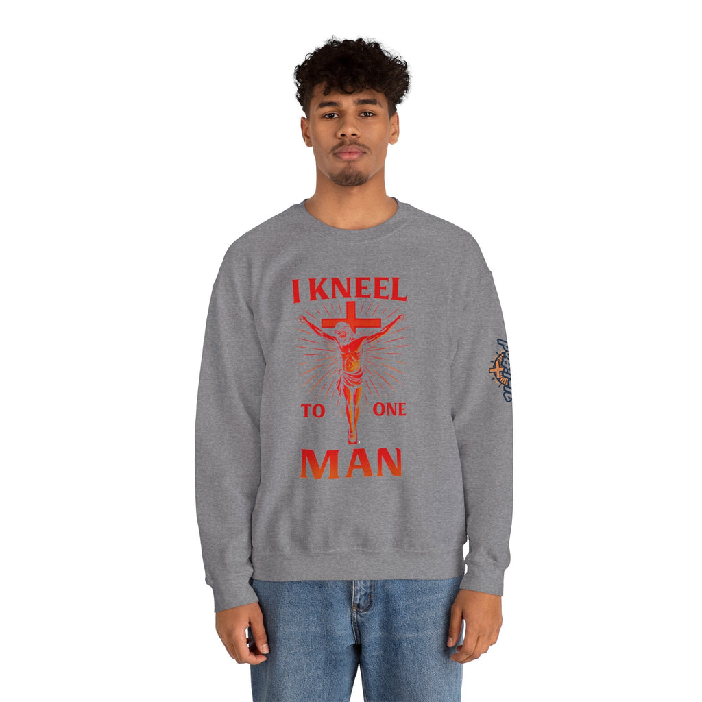 I Kneel to One Man Sweatshirt – Crucifixion Christian Sweatshirt for Unashamed Devotion & Bold Faith Printify