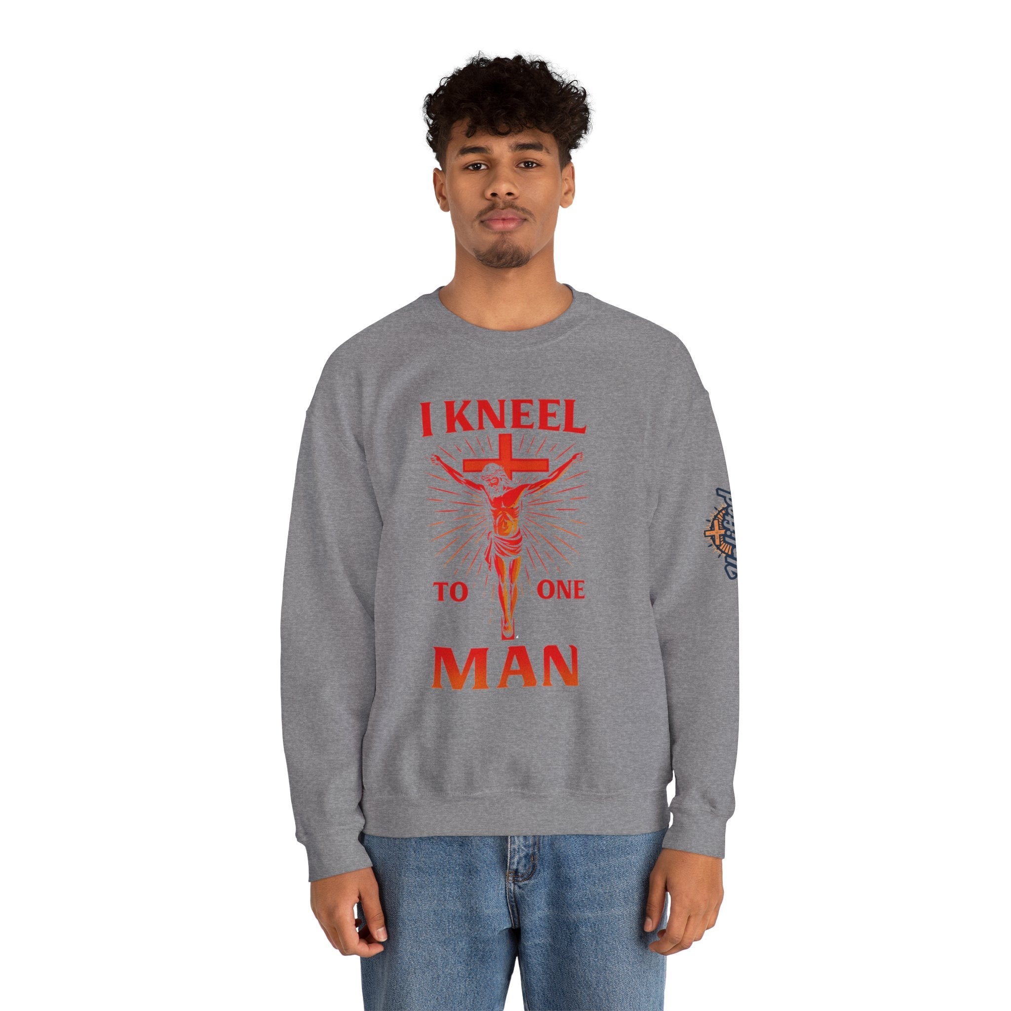 I Kneel to One Man Sweatshirt – Crucifixion Christian Sweatshirt for Unashamed Devotion & Bold Faith Printify