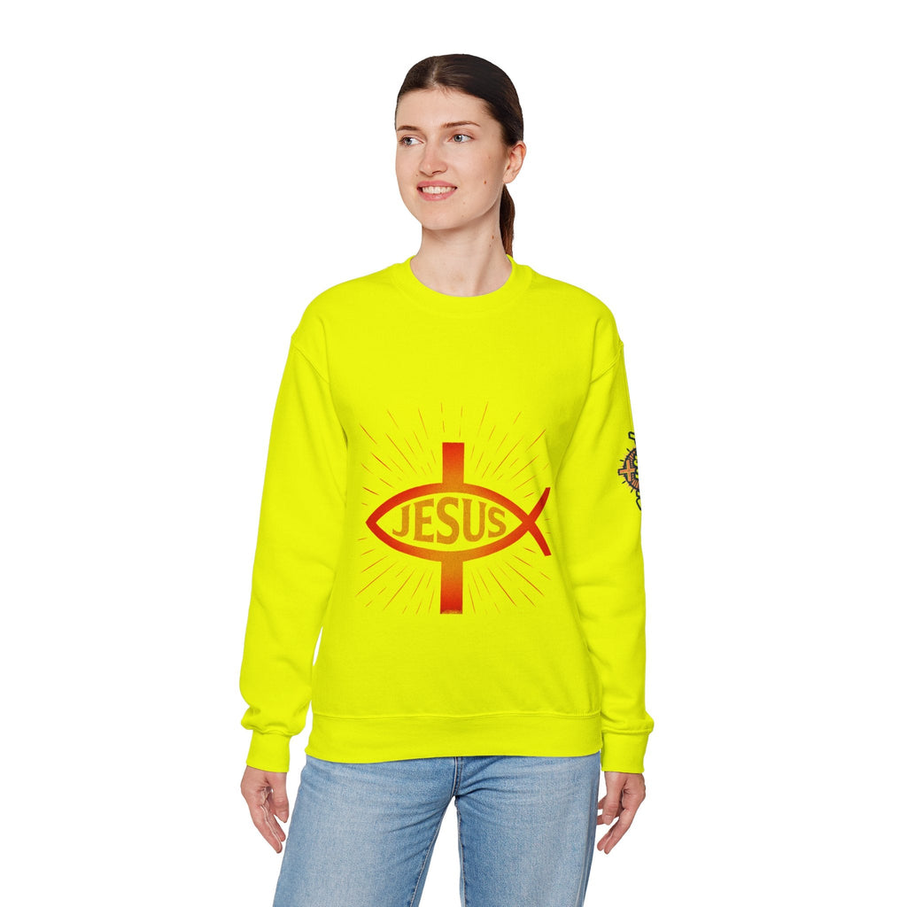Jesus Ichthys Sweatshirt – Christian Fish Symbol with Cross & Jesus Inscription Sweatshirt for Eternal Faith & Streetwear Printify