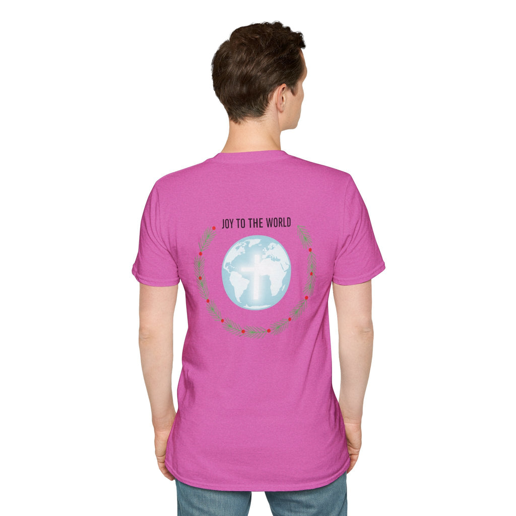 Joy to the World T-shirt – Wreath Earth Nativity Christian Christmas T-shirt for Isaiah 9:6 Holiday Faith & Festive Joy Printify