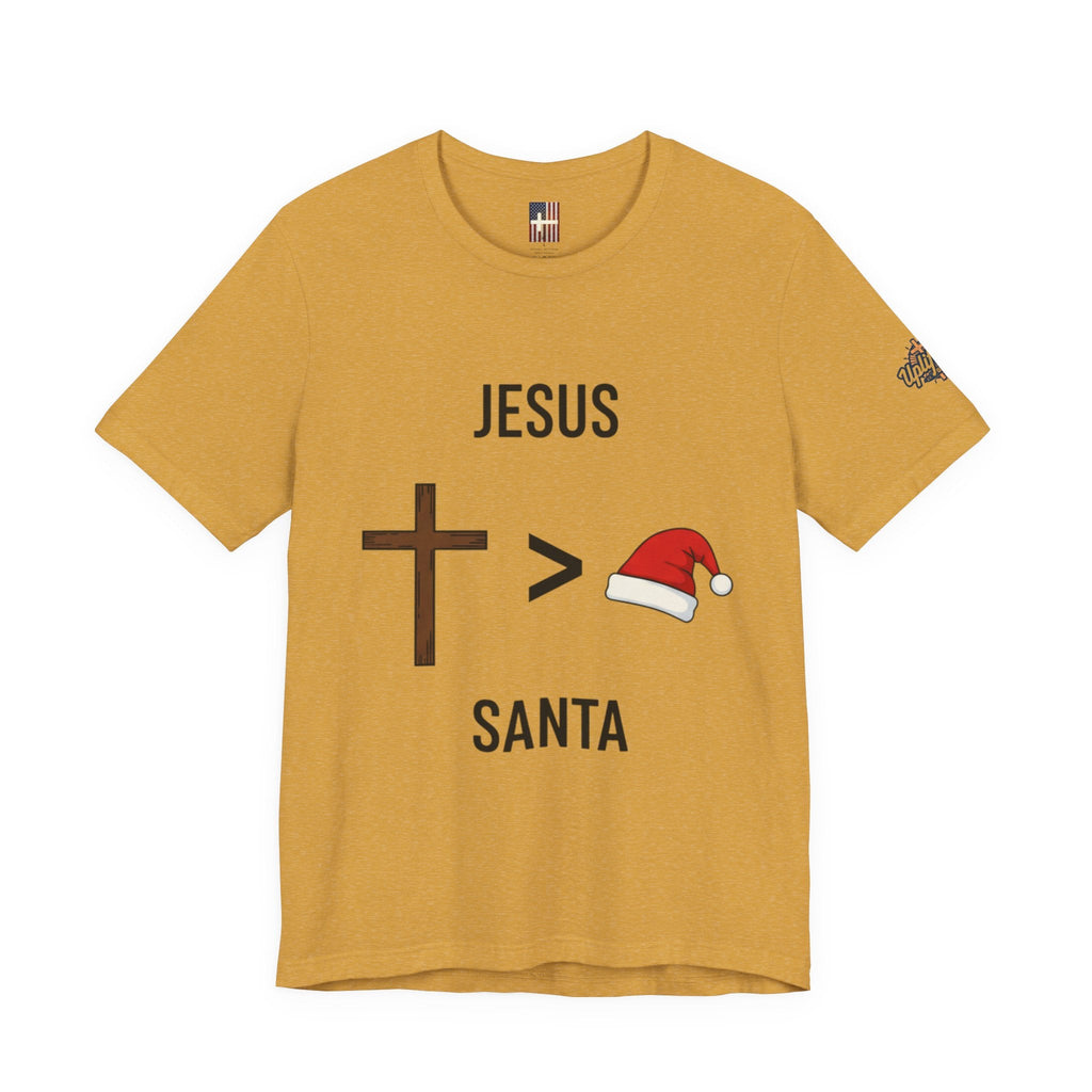 🎄 Jesus > Santa – Minimalist Christian Christmas T-Shirt | Bold Faith Over Holiday Tee | Cross vs Santa Hat Design | Uplifted Gear Printify