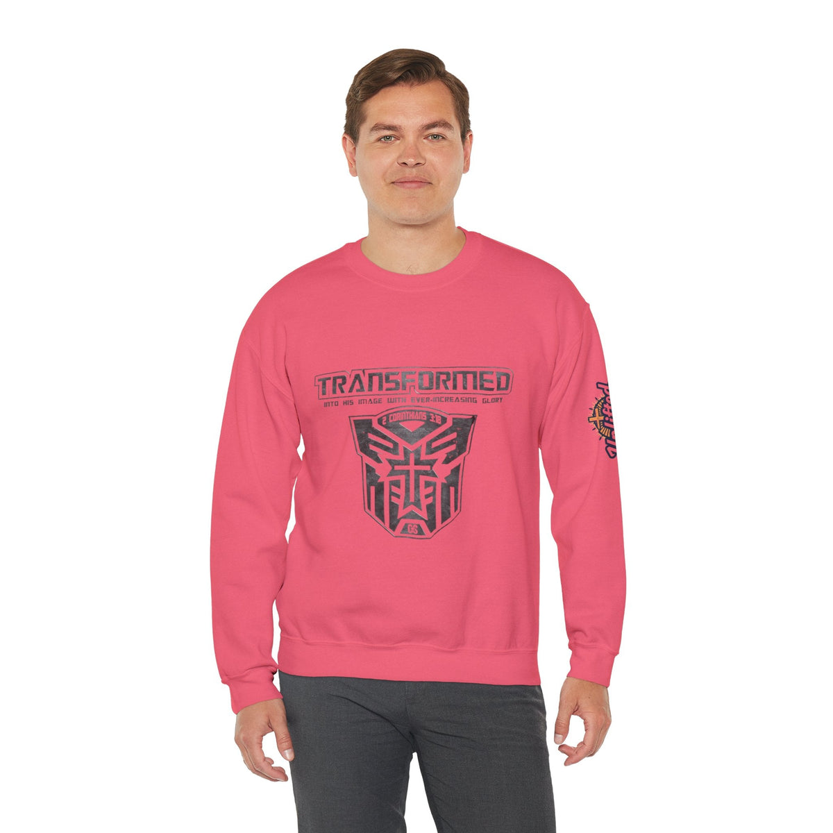 Transformer Logo Christian Sweatshirt | 2 Corinthians 3:18 Bible Verse Sweatshirt Printify