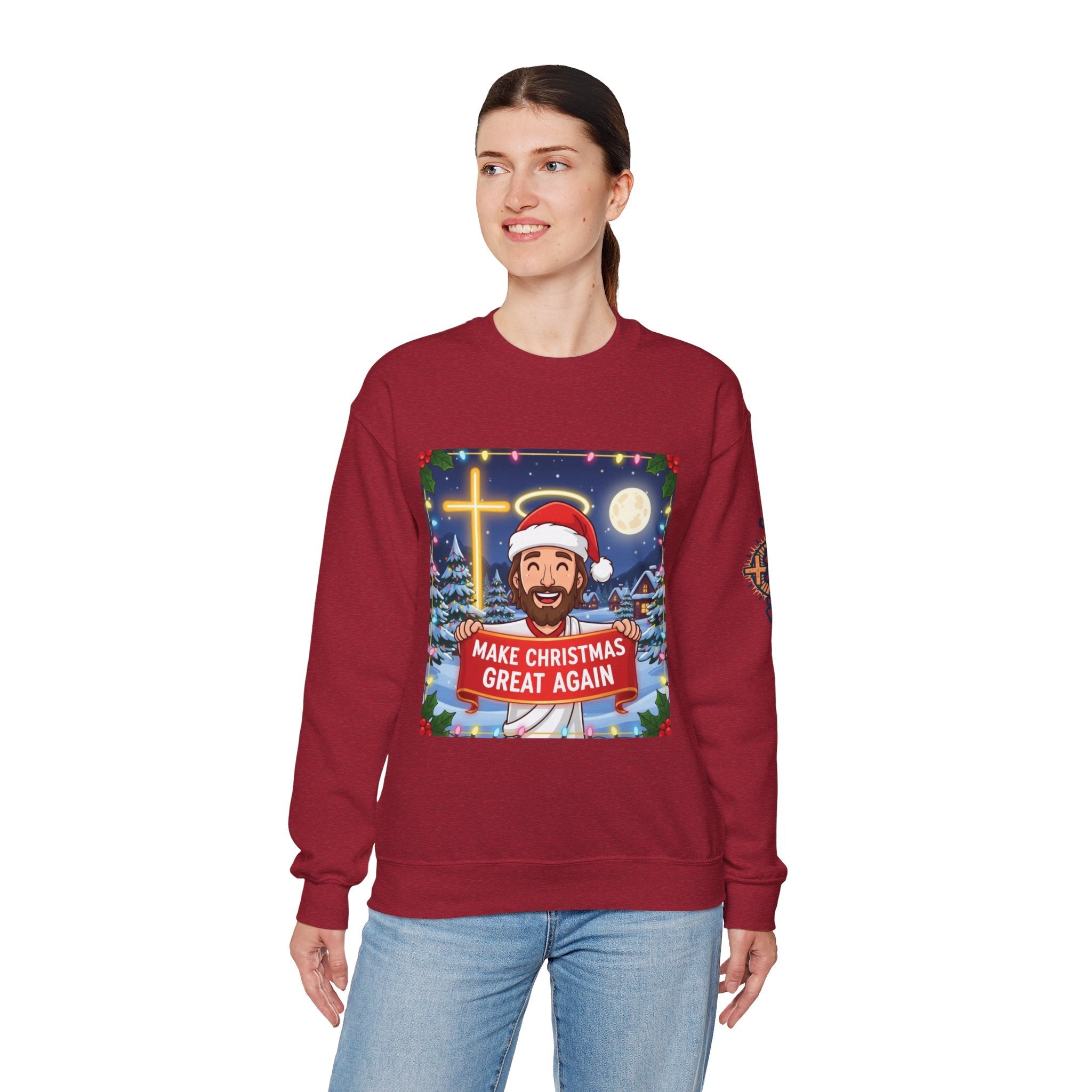 🎄 Make Christmas Great Again – Funny Christian Sweatshirt | Jesus Holding Banner | Faith-Based Holiday Parody Tee | Uplifted Gear Printify