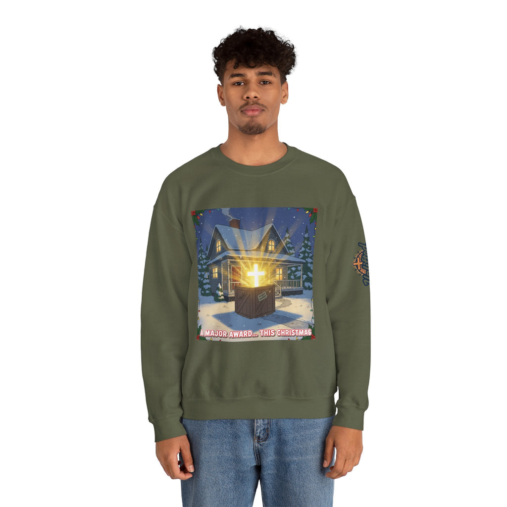 A Major Award This Christmas Sweatshirt – Fragile Leg Lamp Parody Cross Unboxing Christian Sweatshirt for Hilarious Faith & Holiday Glow Printify