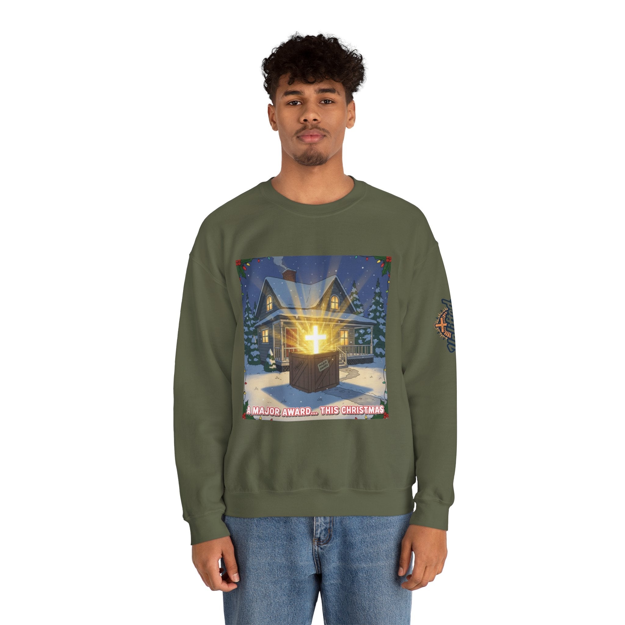 A Major Award This Christmas Sweatshirt – Fragile Leg Lamp Parody Cross Unboxing Christian Sweatshirt for Hilarious Faith & Holiday Glow Printify