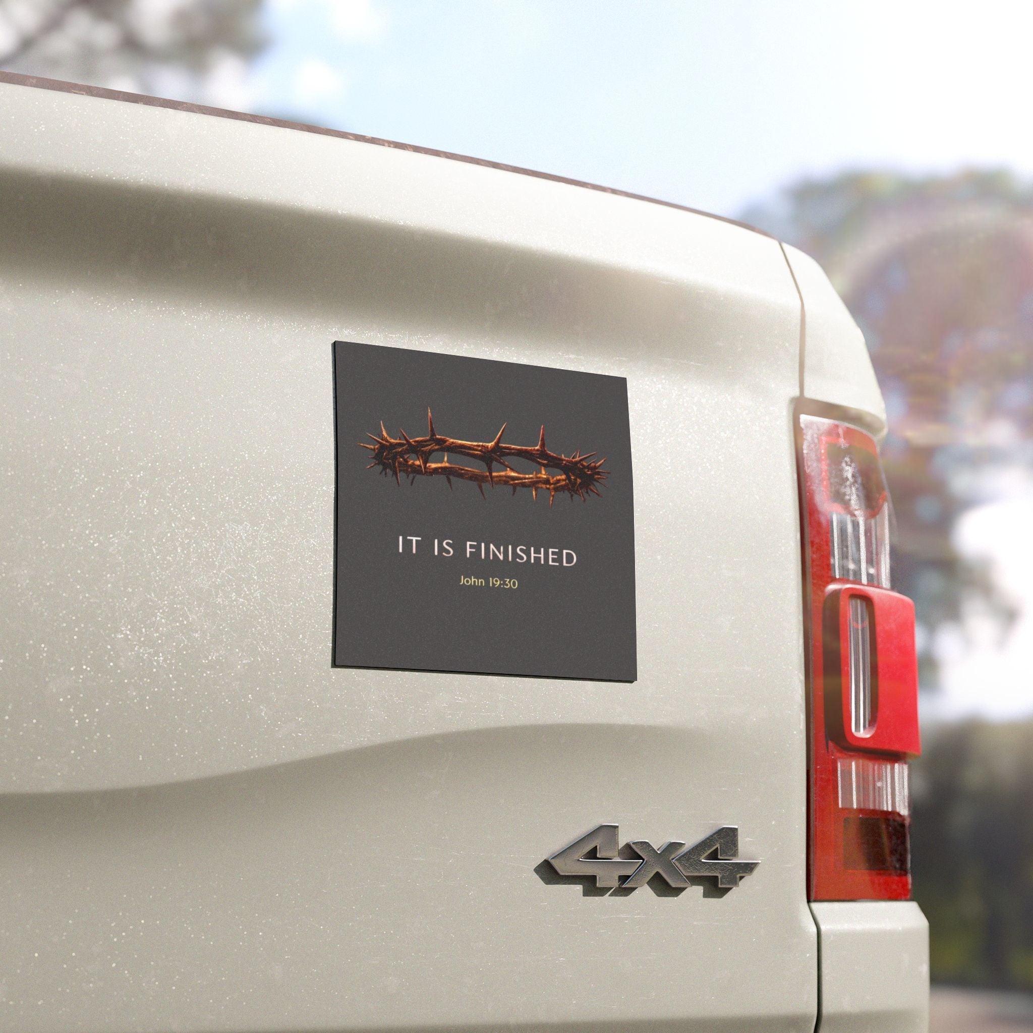Faith Car Magnet — "It Is Finished" (John 19:30) with Crown of Thorns Printify