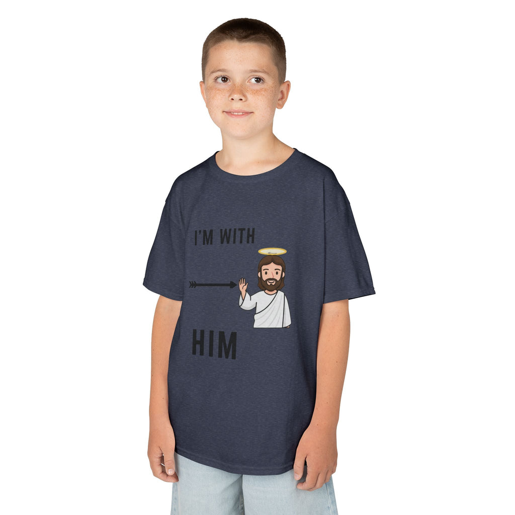 🔥 I’m With Him → Christian Kids T-Shirt | Arrow Pointing to Jesus | Minimalist Faith Tee | Subtle Cross Design | Bible-Inspired Apparel by Uplifted Gear Printify