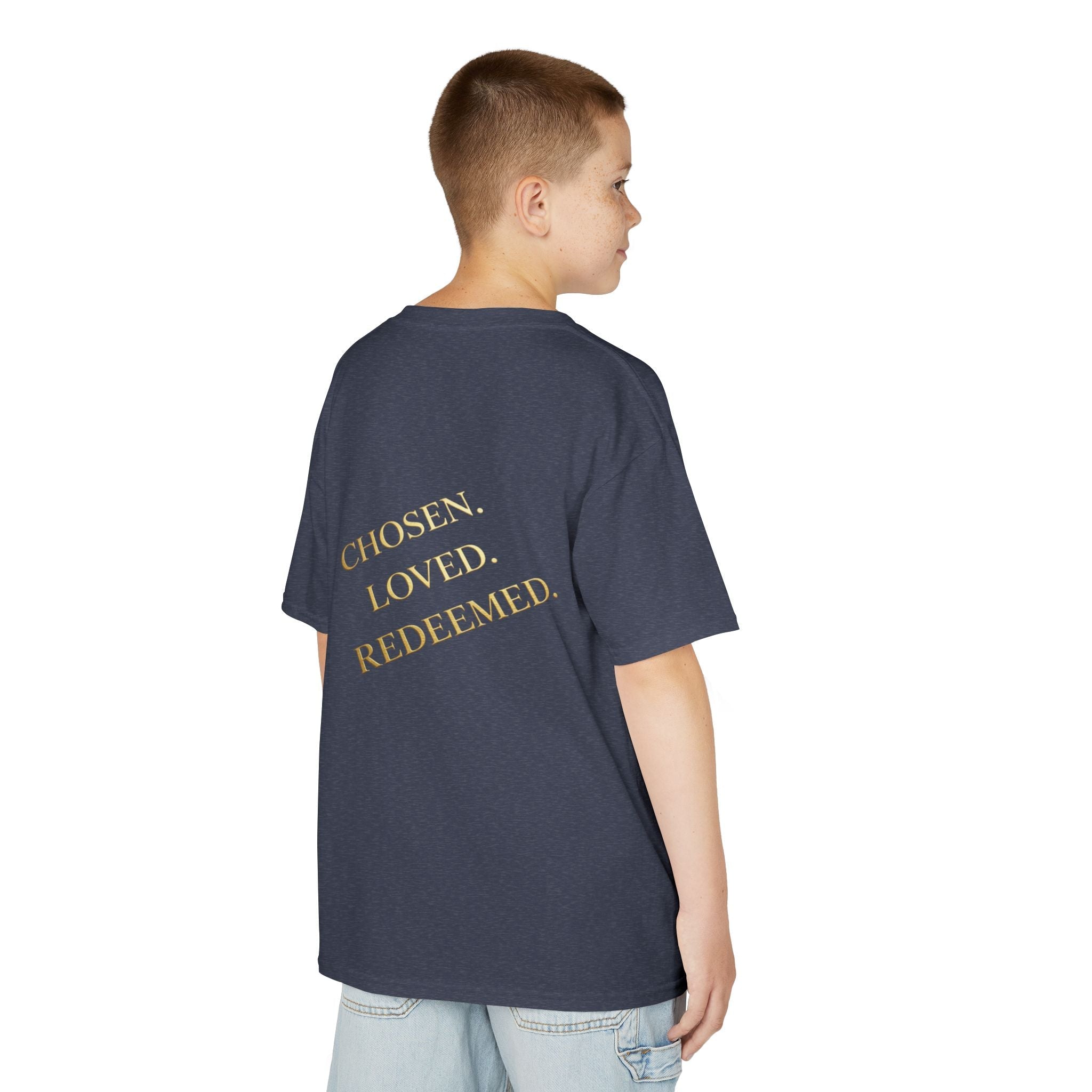 ✨ Chosen. Loved. Redeemed. – Elegant Christian Kids T-Shirt | Gold Foil Faith Tee | Subtle Cross & Heart Design | Inspirational Bible Verse Apparel by Uplifted Gear Printify