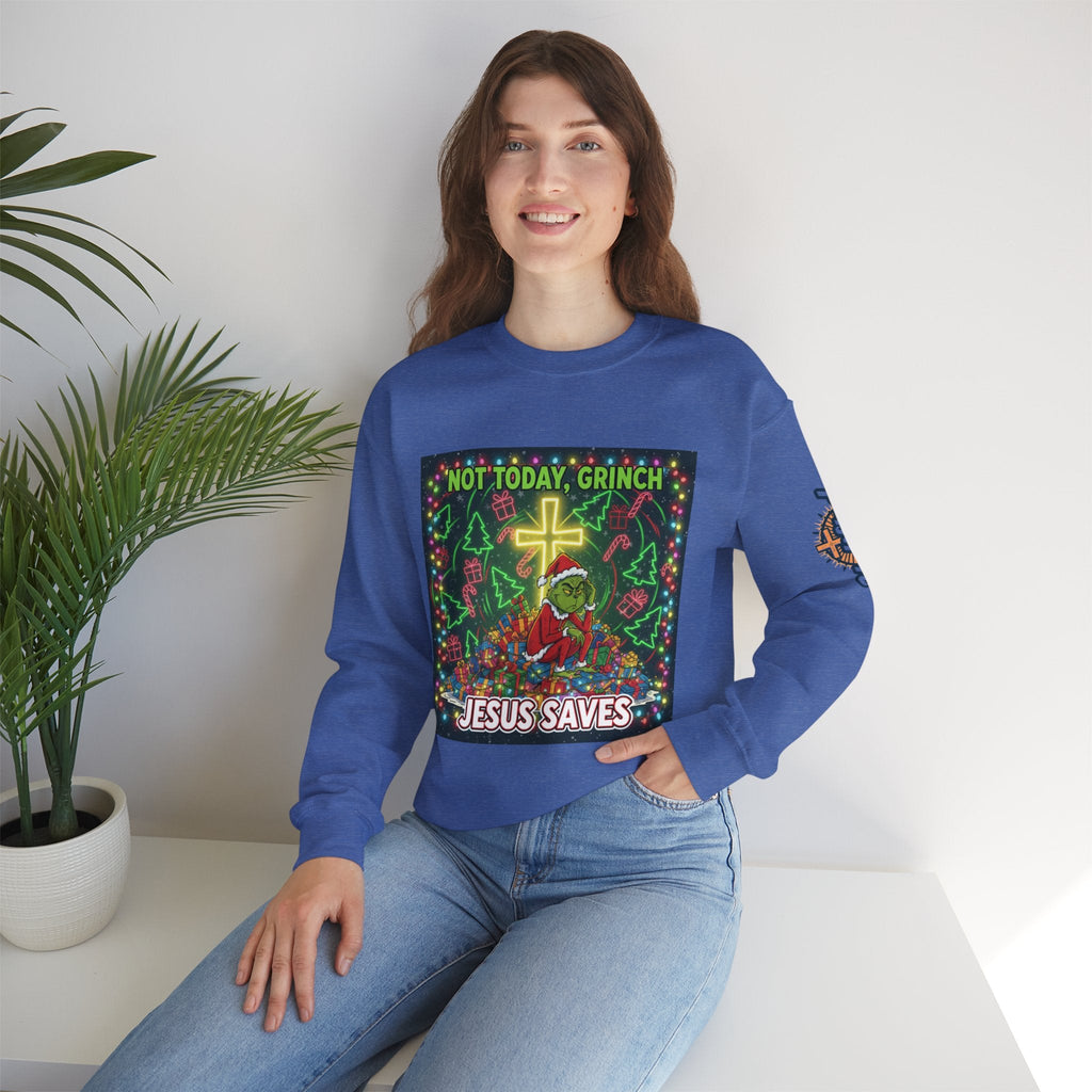 🎄 Not Today, Grinch – Jesus Saves | Funny Christian Christmas Sweatshirt | Festive Green & Red Cartoon Style | Bold Faith Holiday Tee by Uplifted Gear Printify