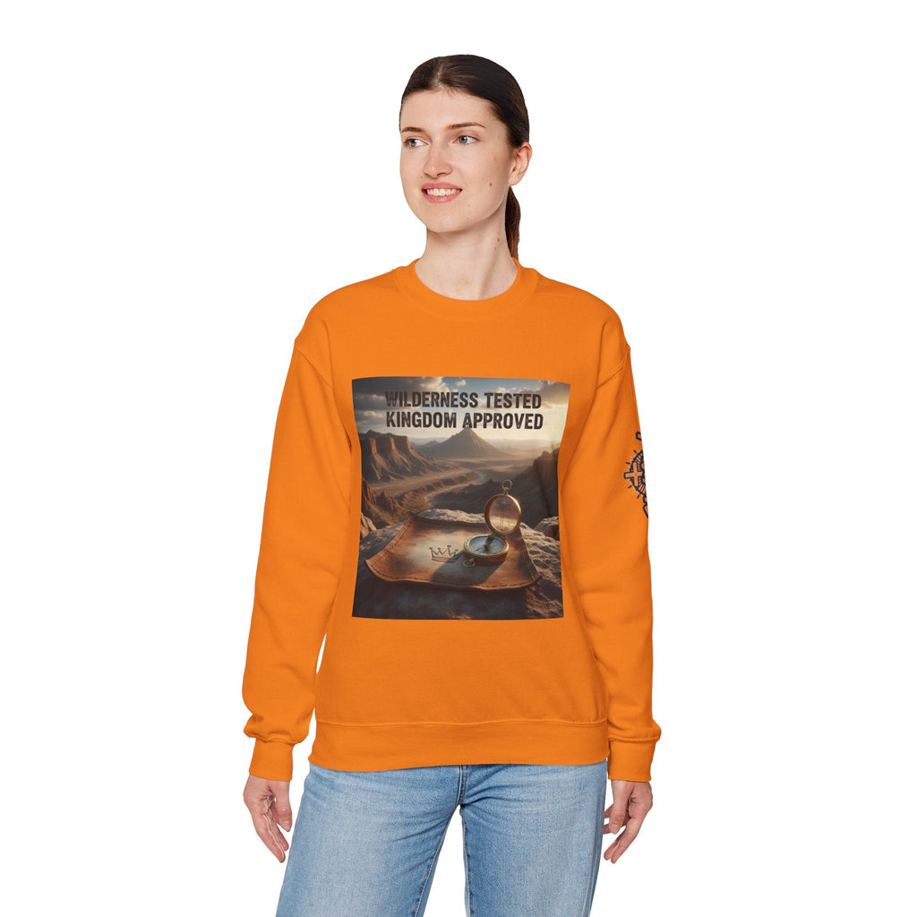 Wilderness Tested Kingdom Approved Sweatshirt – Mountain Desert Compass Crown Christian Sweatshirt for Biblical Adventure Faith Printify