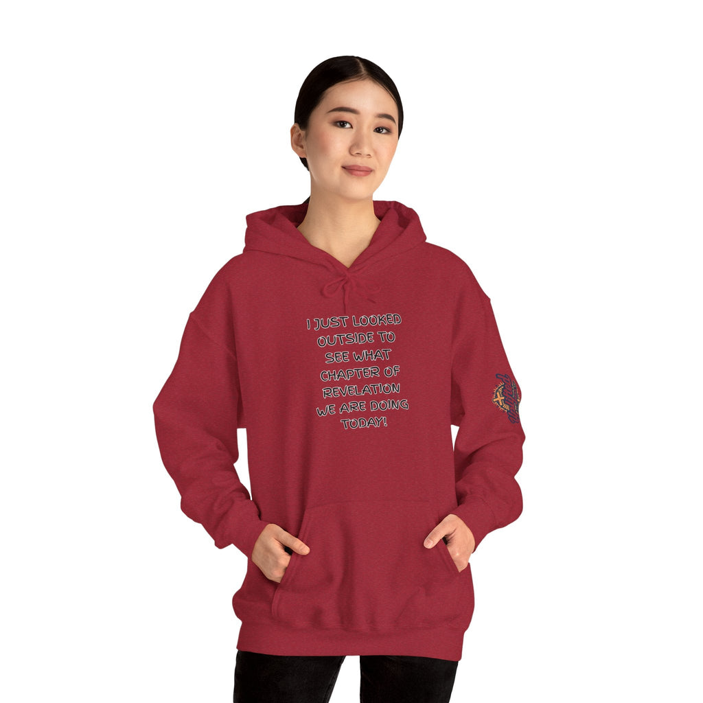 What Chapter of Revelation Hoodie – I Looked Outside My Window Christian Sweatshirt for End Times Humor & Faith Printify