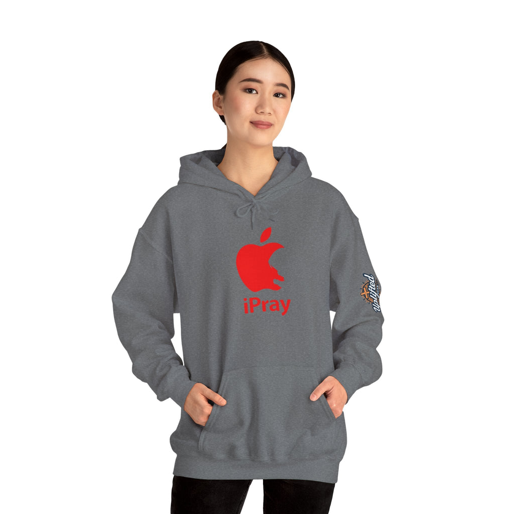 iPray Apple Logo Hoodie — Funny Christian Hoodie (Minimal Red Apple Graphic) Printify