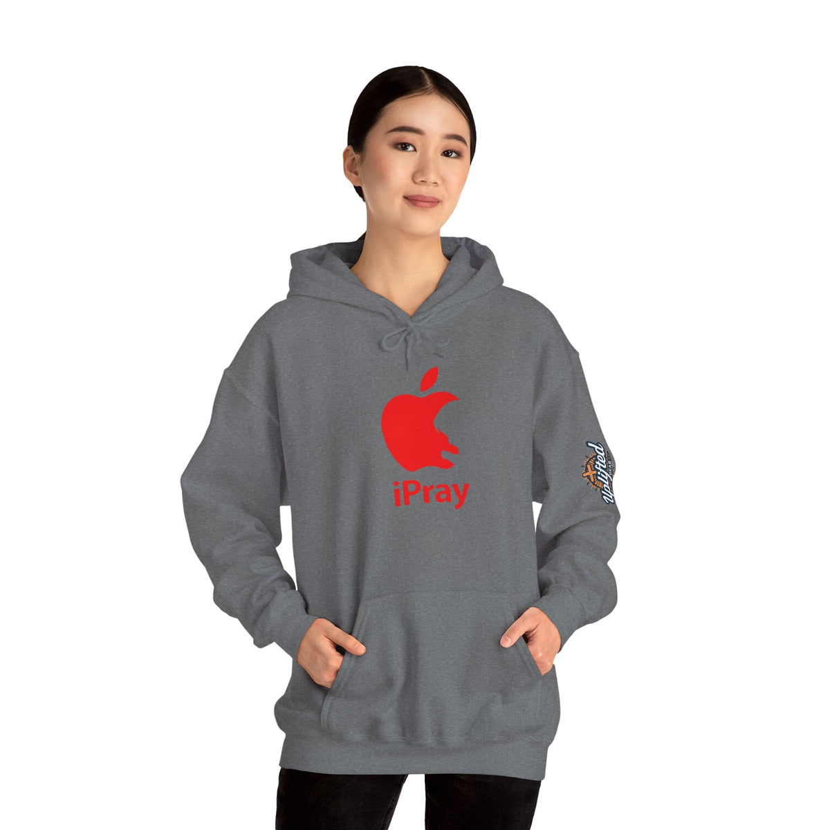 iPray Apple Logo Hoodie — Funny Christian Hoodie (Minimal Red Apple Graphic) Printify