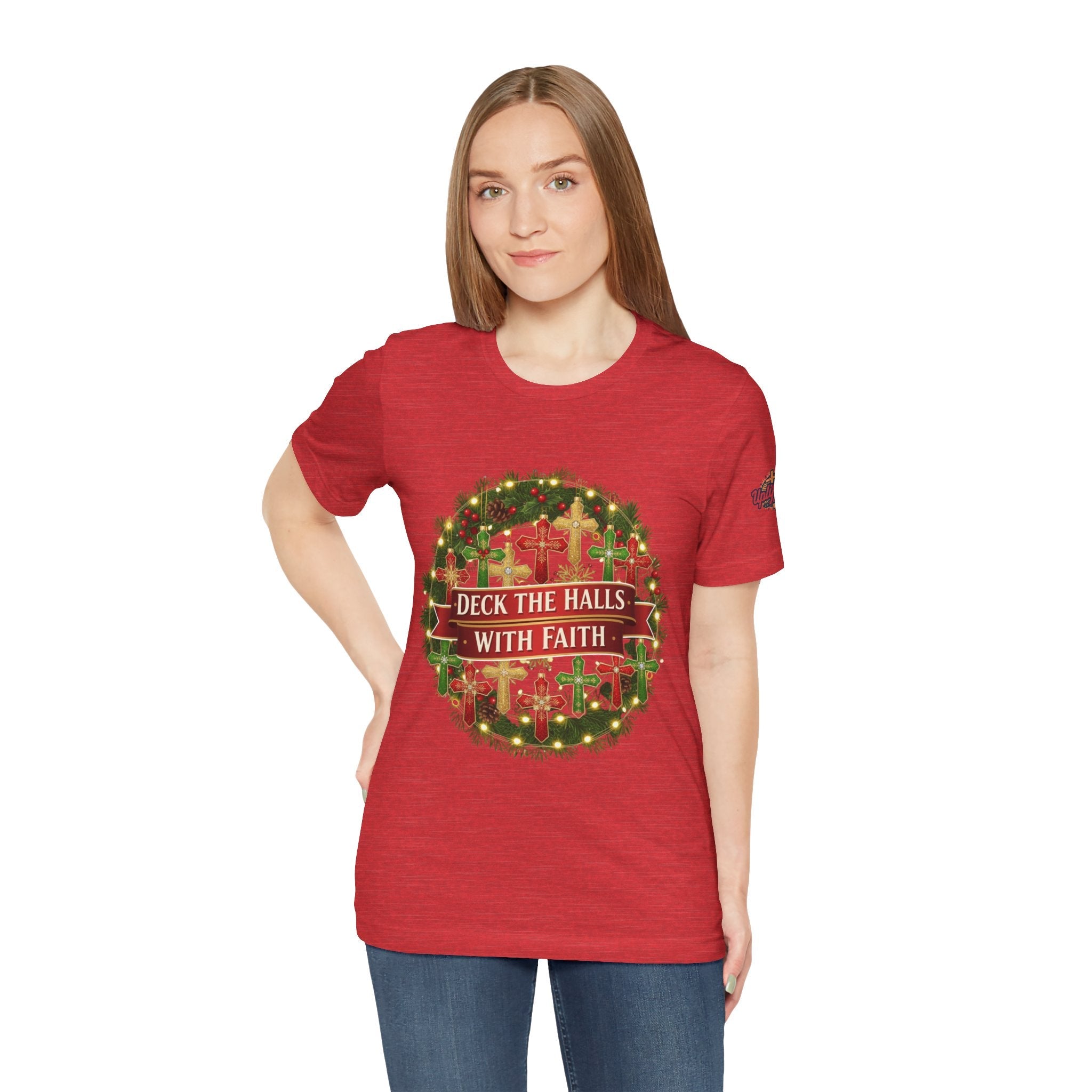 🎄 Deck the Halls with Faith – Christian Christmas T-Shirt | Cross Ornament Design & Festive Garland | Bold Holiday Faith Tee by Uplifted Gear Printify