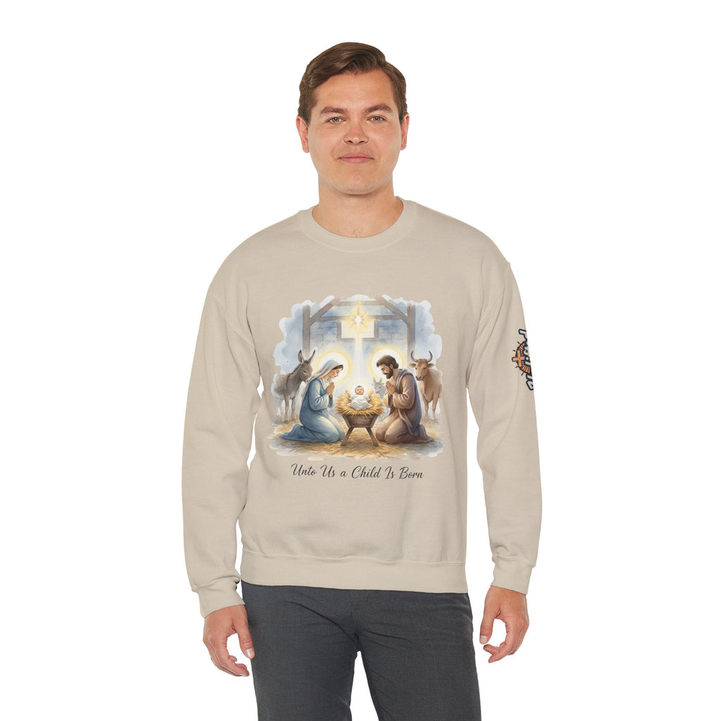 Unto Us a Child is Born Sweatshirt – Isaiah 9:6 Nativity Manger Scene Christian Christmas Sweatshirt for Holy Night Faith Printify