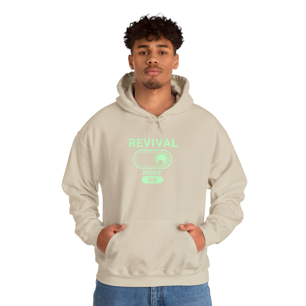 🔥 Revival Mode: ON – Christian Techwear Hoodie | Glowing Green Faith Switch | Futuristic Jesus Shirt | Activate Your Spiritual Awakening | Uplifted Gear Printify