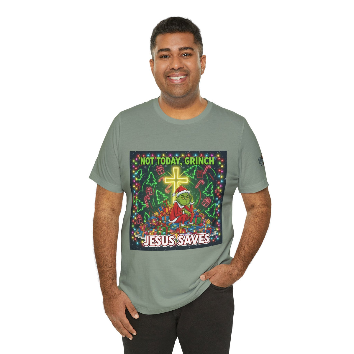 🎄 Not Today, Grinch – Jesus Saves | Funny Christian Christmas T-Shirt | Festive Green & Red Cartoon Style | Bold Faith Holiday Tee by Uplifted Gear Printify