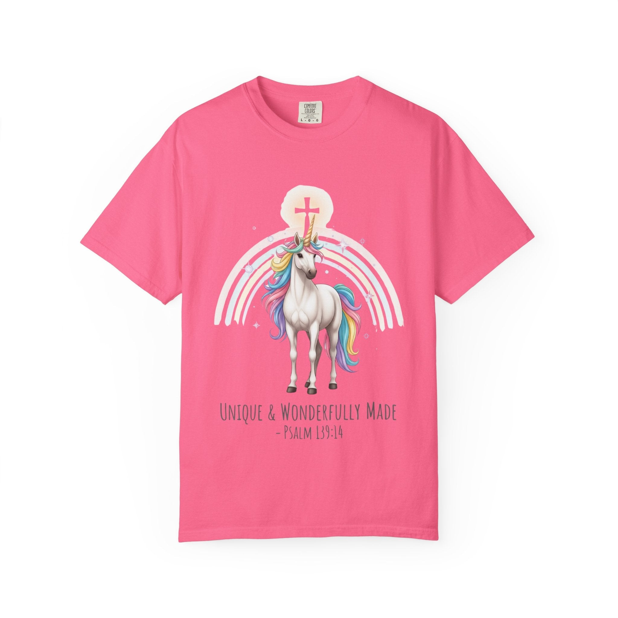 Unique Unicorn Christian T-Shirt – Wonderfully Made with Rainbow Cross & Psalm 139:14 Printify