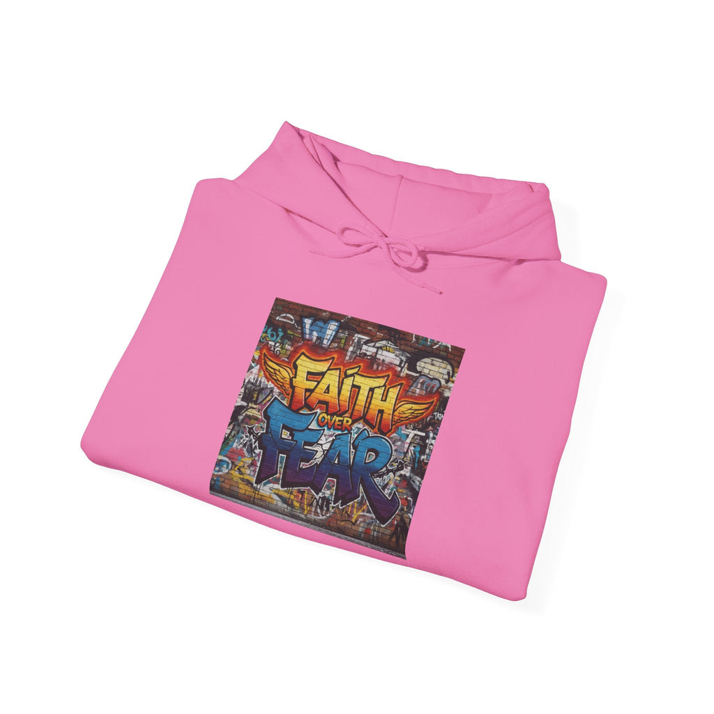 Faith Over Fear Hoodie – Graffiti Wall Christian Sweatshirt for Bold 2 Corinthians 5:7 Streetwear & Unshakable Faith Printify