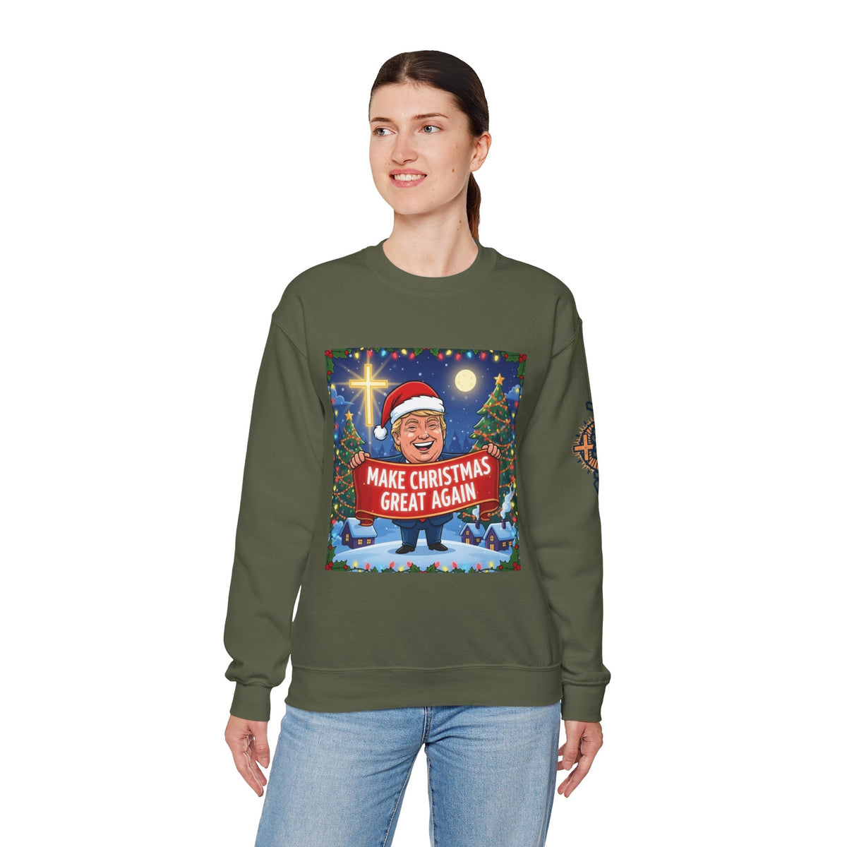 🎄 Make Christmas Great Again – Patriotic Christian Christmas Sweatshirt | Bold Holiday Faith Tee | Red & White Banner Design | Uplifted Gear Printify