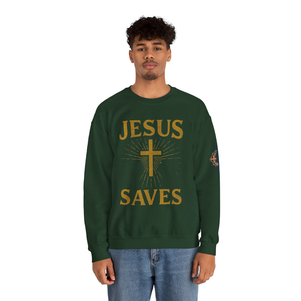 Jesus Saves Sweatshirt – Radiant Cross & Rays of Light Christian Sweatshirt for Eternal Hope & Faith Printify