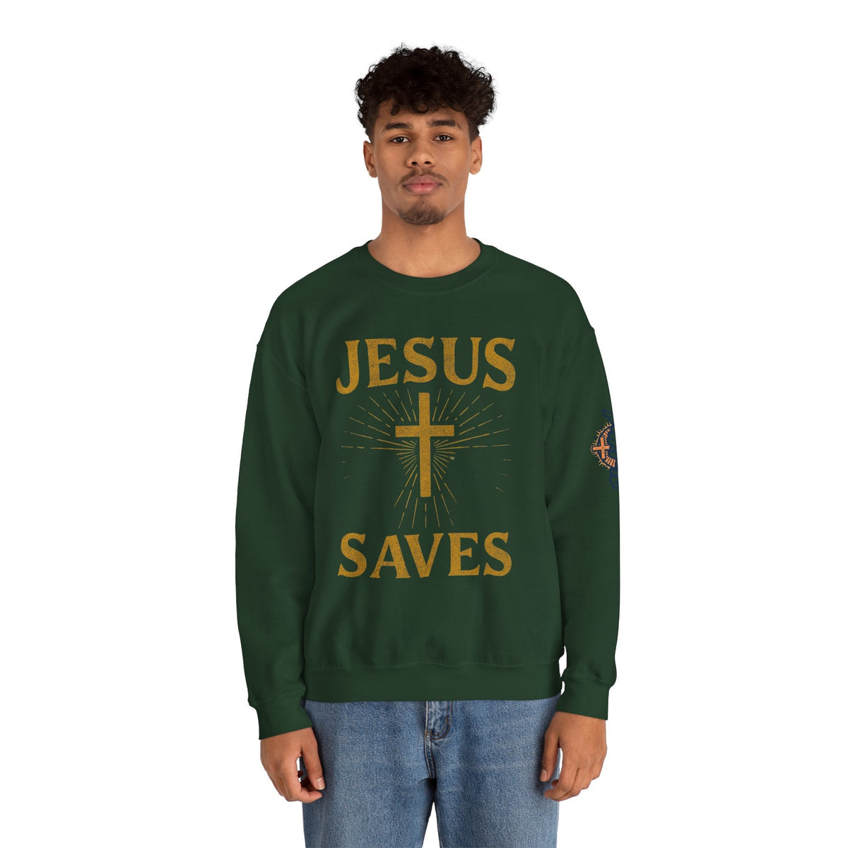 Jesus Saves Sweatshirt – Radiant Cross & Rays of Light Christian Sweatshirt for Eternal Hope & Faith Printify