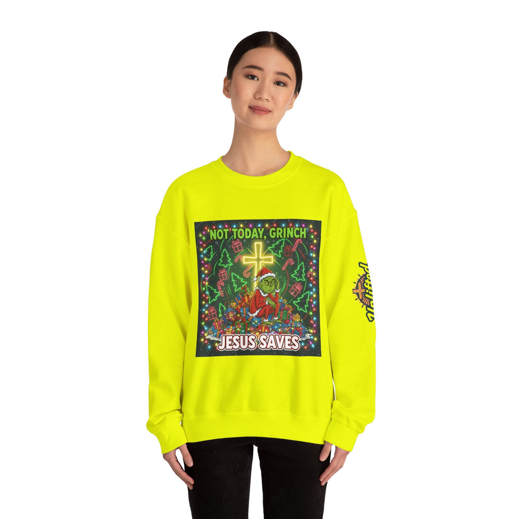 🎄 Not Today, Grinch – Jesus Saves | Funny Christian Christmas Sweatshirt | Festive Green & Red Cartoon Style | Bold Faith Holiday Tee by Uplifted Gear Printify