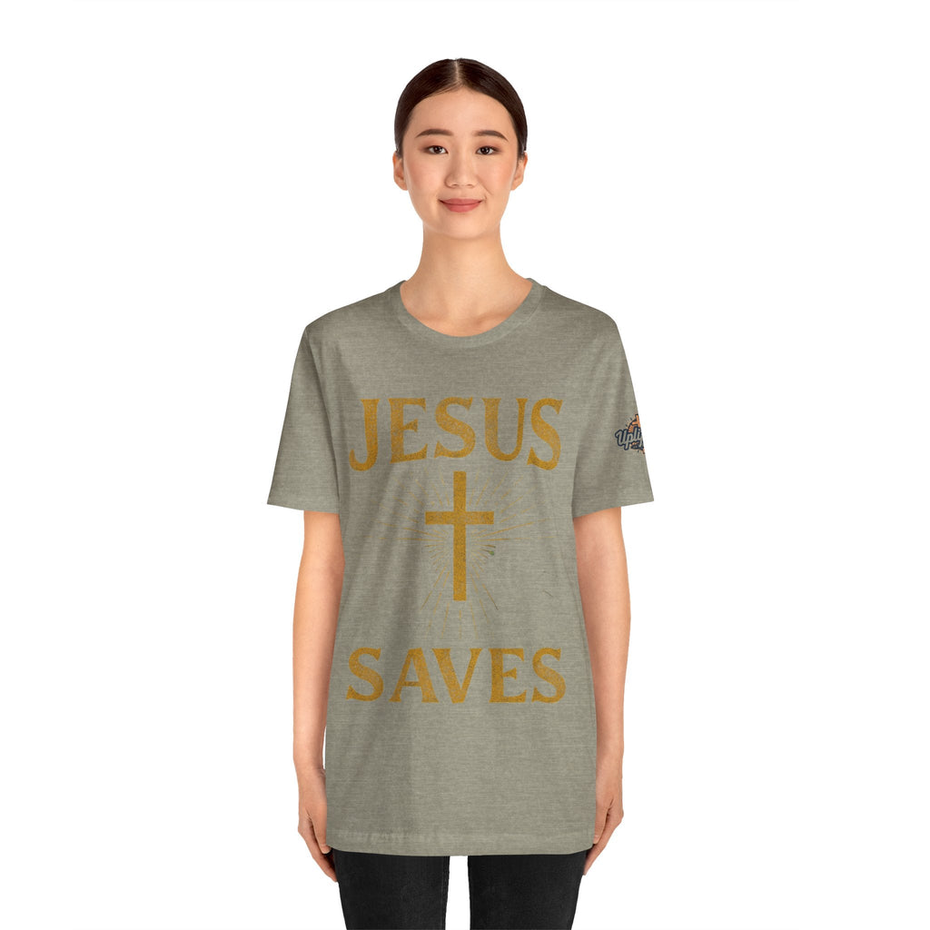 Jesus Saves T-shirt – Radiant Cross & Rays of Light Christian T-shirt for Eternal Hope & Faith Printify