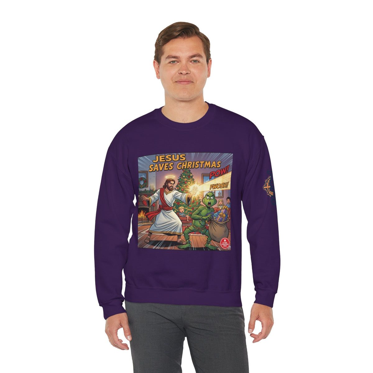 Jesus Saves Christmas Sweatshirt – Grinch vs Savior Light Battle Christian Sweatshirt for Hilarious Holiday Faith & True Joy Printify