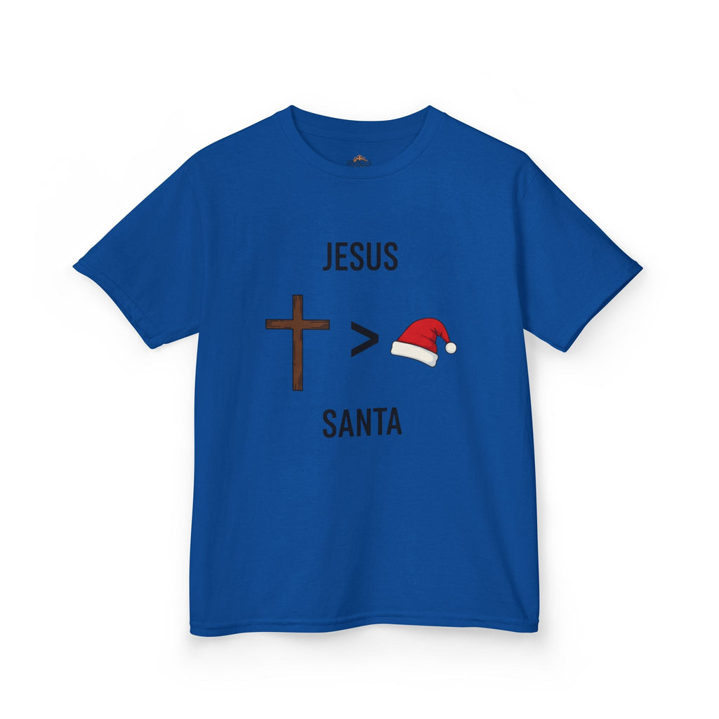 🎄 Jesus > Santa – Minimalist Christian Christmas Kids T-Shirt | Bold Faith Over Holiday Tee | Cross vs Santa Hat Design | Uplifted Gear Printify