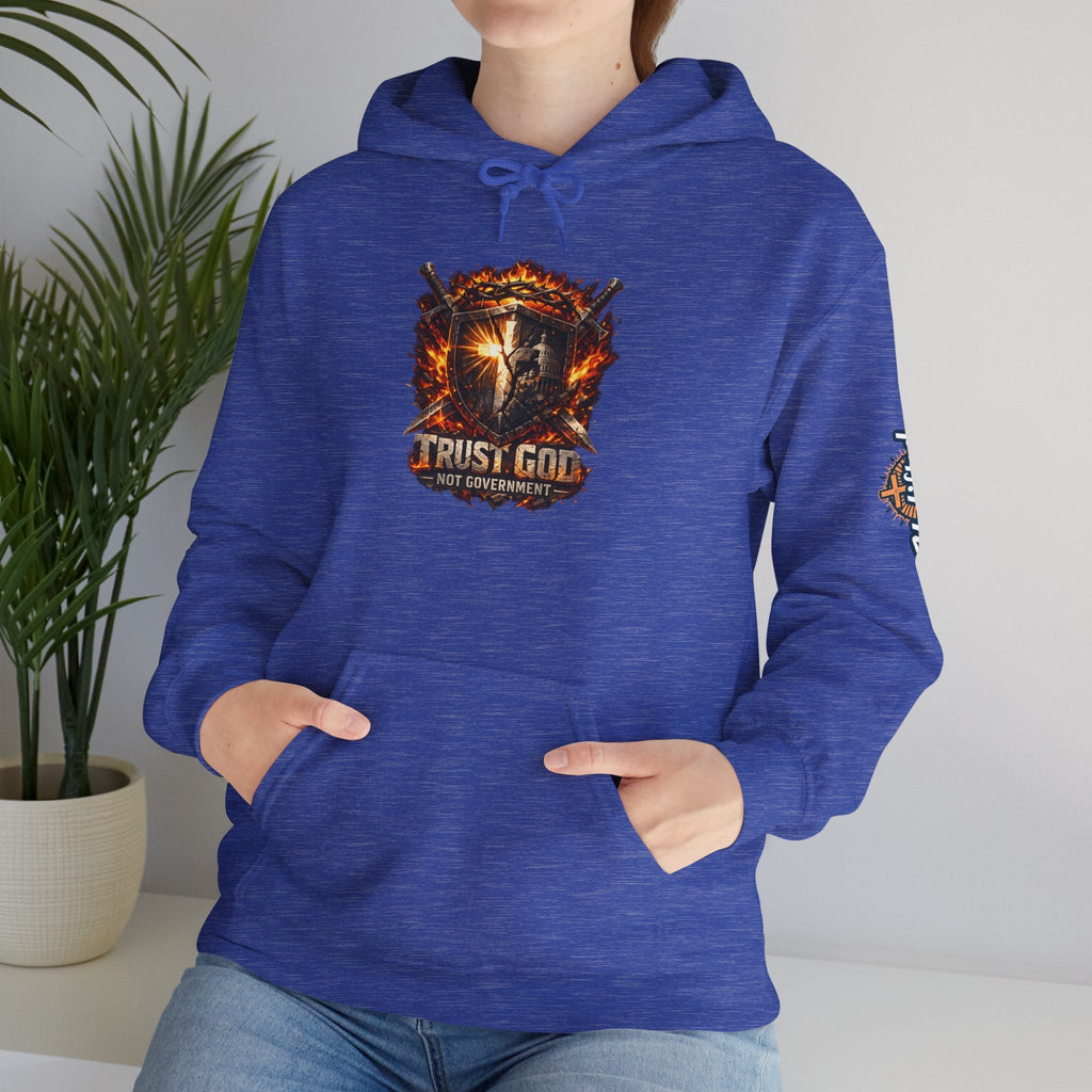 Trust God Not Government Shield Hoodie — Patriotic Christian Faith Hoodie Printify