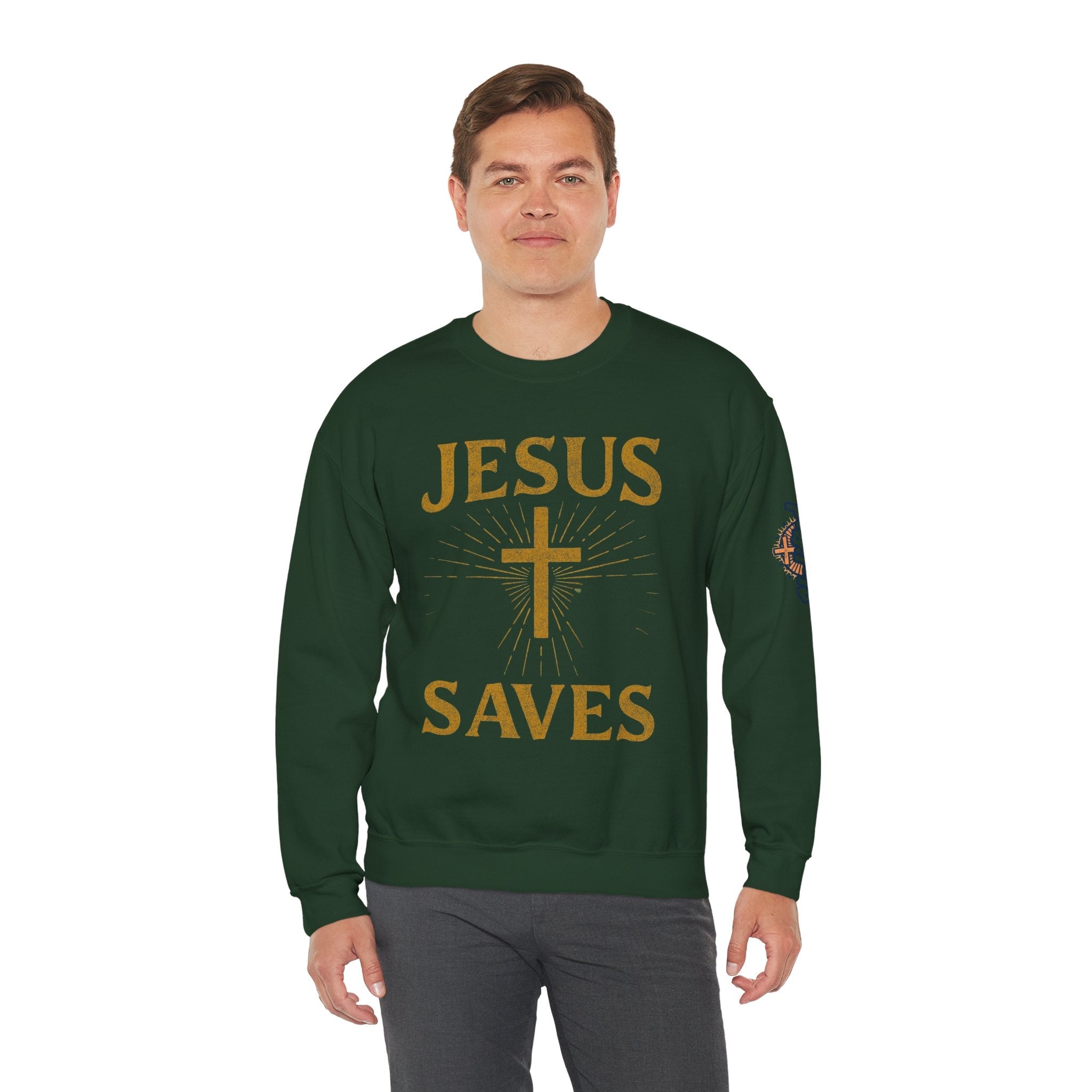 Jesus Saves Sweatshirt – Radiant Cross & Rays of Light Christian Sweatshirt for Eternal Hope & Faith Printify