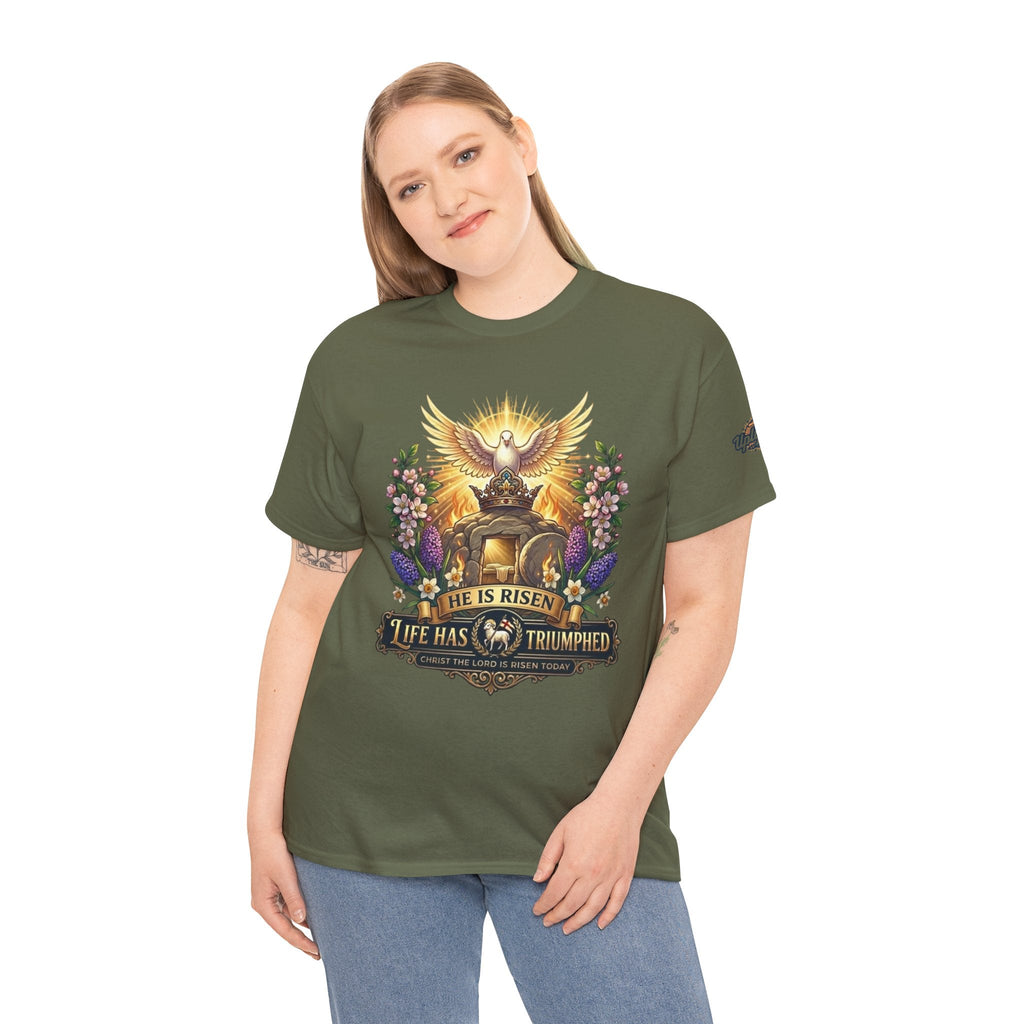 He Is Risen "Life Has Triumphed" T-Shirt — Easter Resurrection Christian Tee Printify