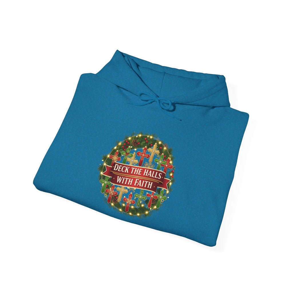 🎄 Deck the Halls with Faith – Christian Christmas Hoodie | Cross Ornament Design & Festive Garland | Bold Holiday Faith Tee by Uplifted Gear Printify
