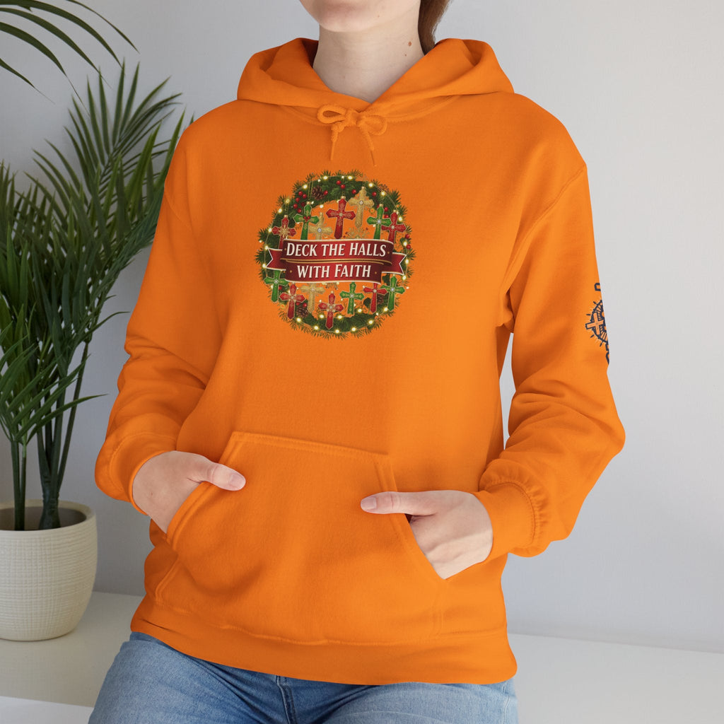 🎄 Deck the Halls with Faith – Christian Christmas Hoodie | Cross Ornament Design & Festive Garland | Bold Holiday Faith Tee by Uplifted Gear Printify