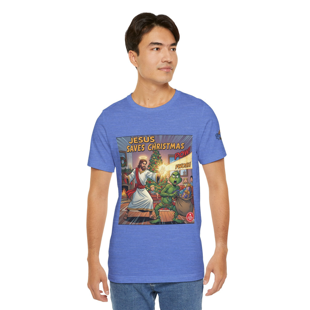 Jesus Saves Christmas T-shirt – Grinch vs Savior Light Battle Christian T-shirt for Hilarious Holiday Faith & True Joy Printify