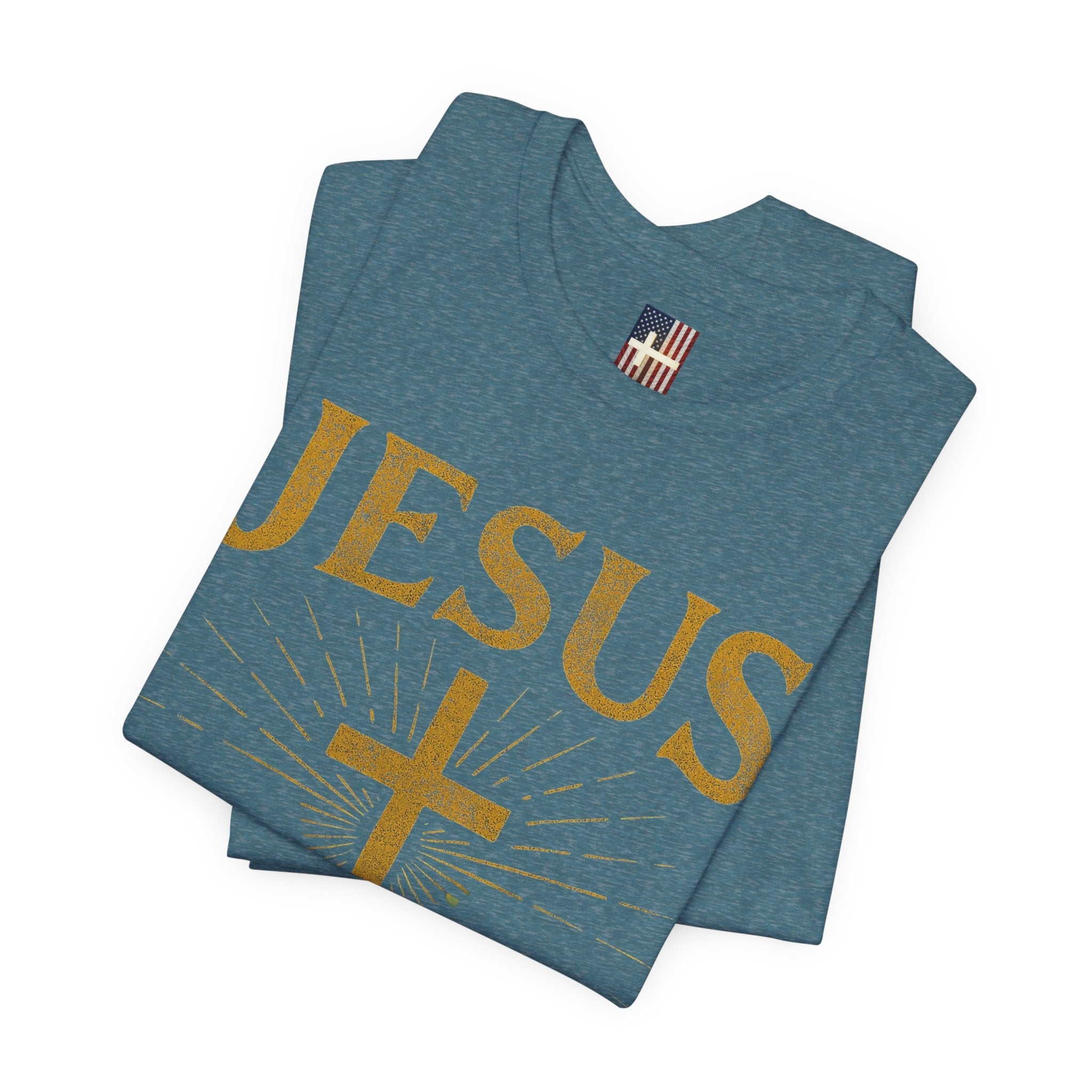 Jesus Saves T-shirt – Radiant Cross & Rays of Light Christian T-shirt for Eternal Hope & Faith Printify