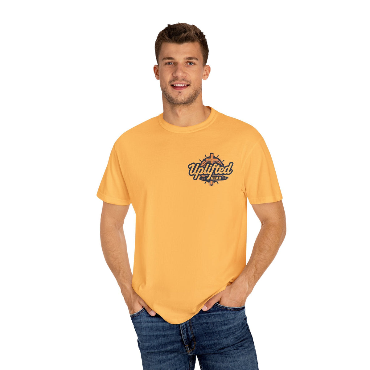 ✨ Chosen. Loved. Redeemed. – Elegant Christian T-Shirt | Gold Foil Faith Tee | Subtle Cross & Heart Design | Inspirational Bible Verse Apparel by Uplifted Gear Printify