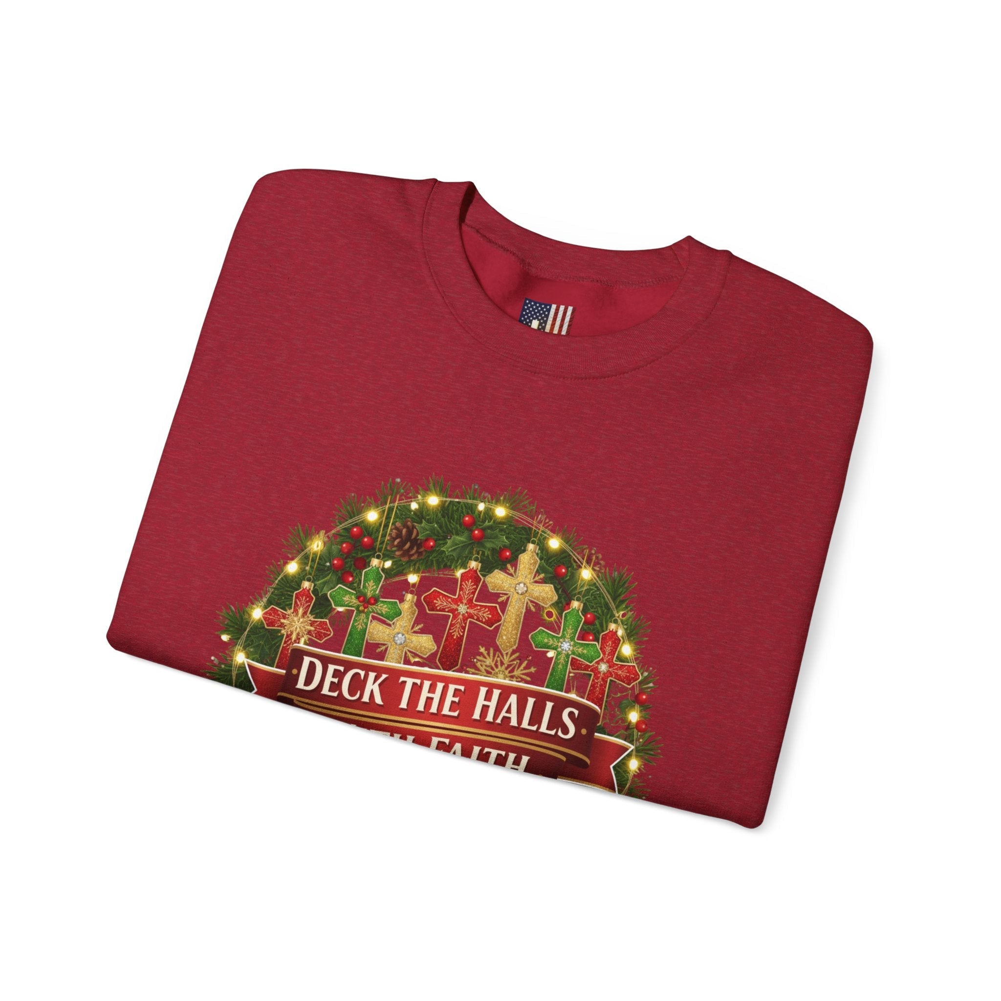 🎄 Deck the Halls with Faith – Christian Christmas Sweatshirt | Cross Ornament Design & Festive Garland | Bold Holiday Faith Tee by Uplifted Gear Printify