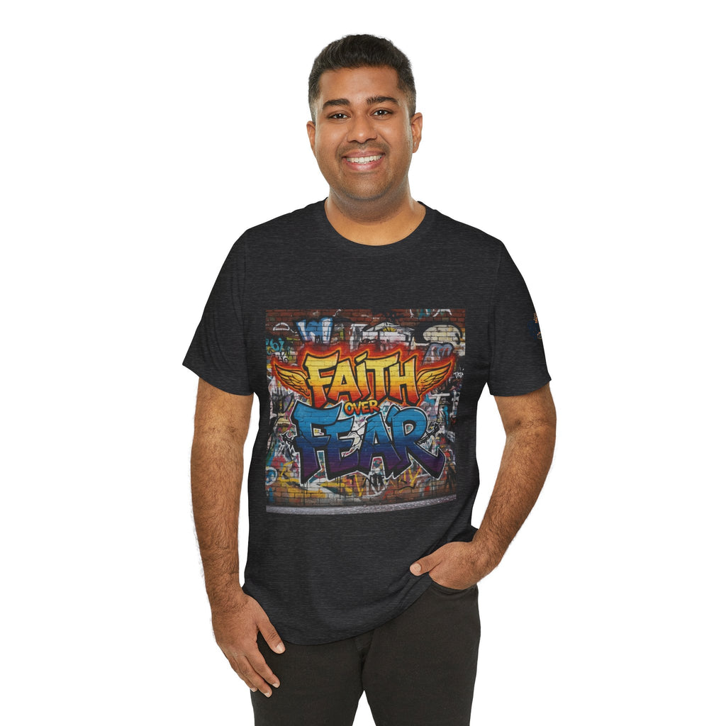 Faith Over Fear T-shirt – Graffiti Wall Christian T-shirt for Bold 2 Corinthians 5:7 Streetwear & Unshakable Faith Printify