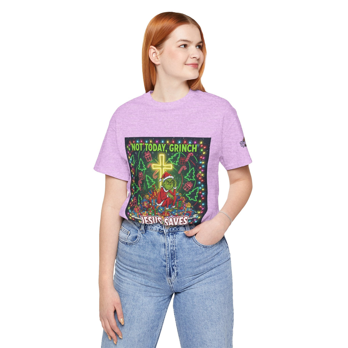 🎄 Not Today, Grinch – Jesus Saves | Funny Christian Christmas T-Shirt | Festive Green & Red Cartoon Style | Bold Faith Holiday Tee by Uplifted Gear Printify