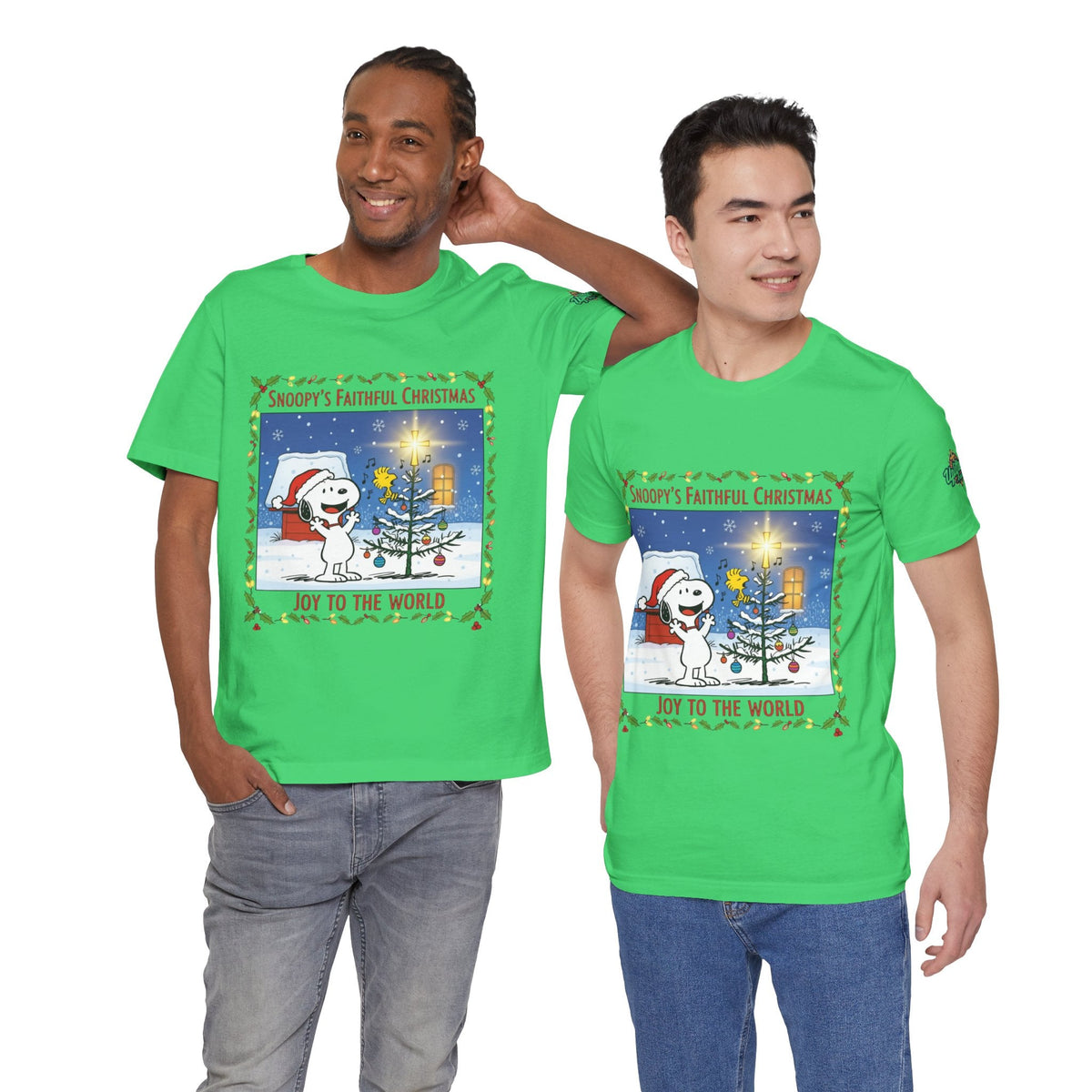🎄 Faithful Christmas Friends – Christian Holiday T-Shirt | Festive Tree & Cartoon Duo | Heartwarming Christmas Tee by Uplifted Gear Printify