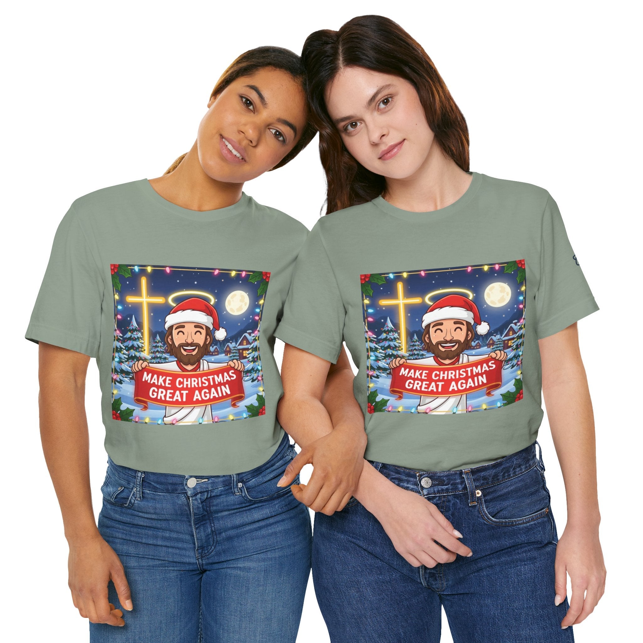 🎄 Make Christmas Great Again – Funny Christian T-Shirt | Jesus Holding Banner | Faith-Based Holiday Parody Tee | Uplifted Gear Printify