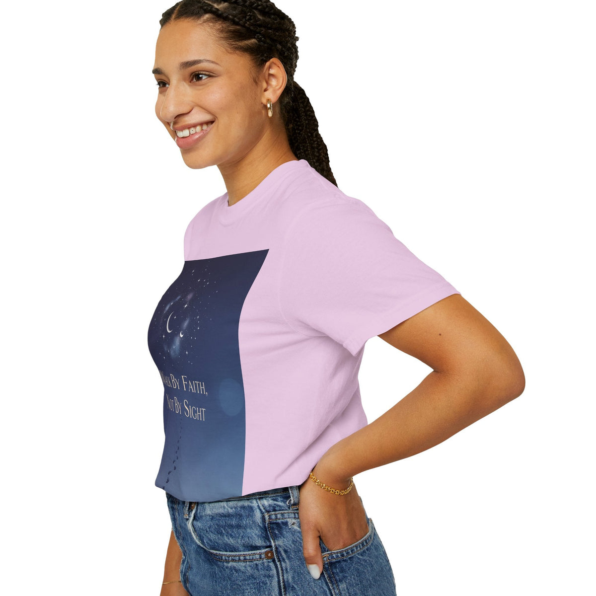 Walk by Faith, Not by Sight T-Shirt – Footprints in the Sand Christian Moonlit Tee Printify